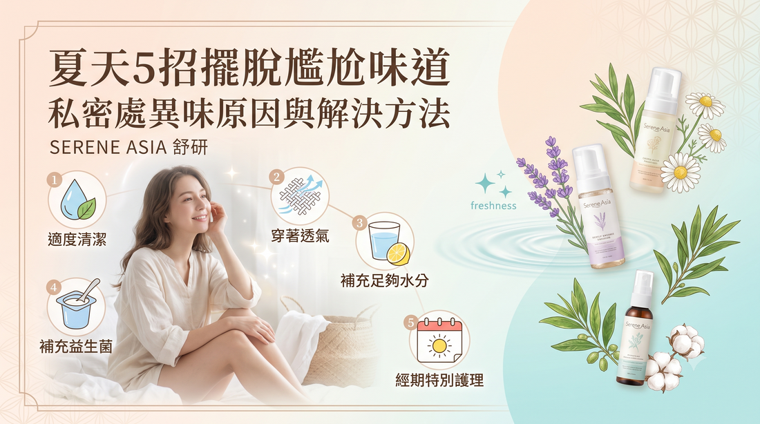 圖片中呈現護膚產品瓶身，以及薰衣草和葉片等清新自然元素，並附有中文文字，說明 Serene Asia 針對私密處異味與衛生問題所提供的解決方案。.