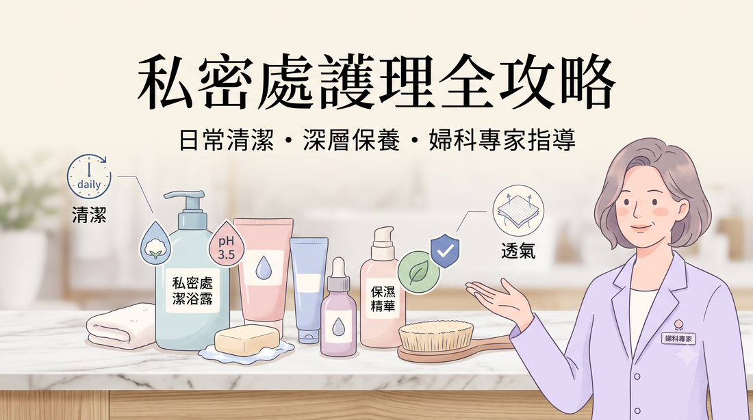 一名女醫師站在女性衛生用品旁，這些用品包括清洗液、濕巾、乳液和一把刷子，旁邊附有以中文書寫的私密處護理要訣與指引。.