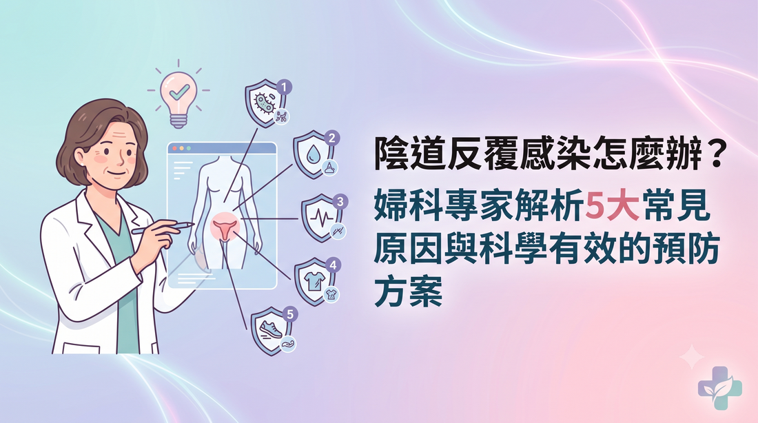 一位女醫師透過醫學圖示及關於婦科建議的中文文字，說明陰道感染的常見成因與預防方法。.