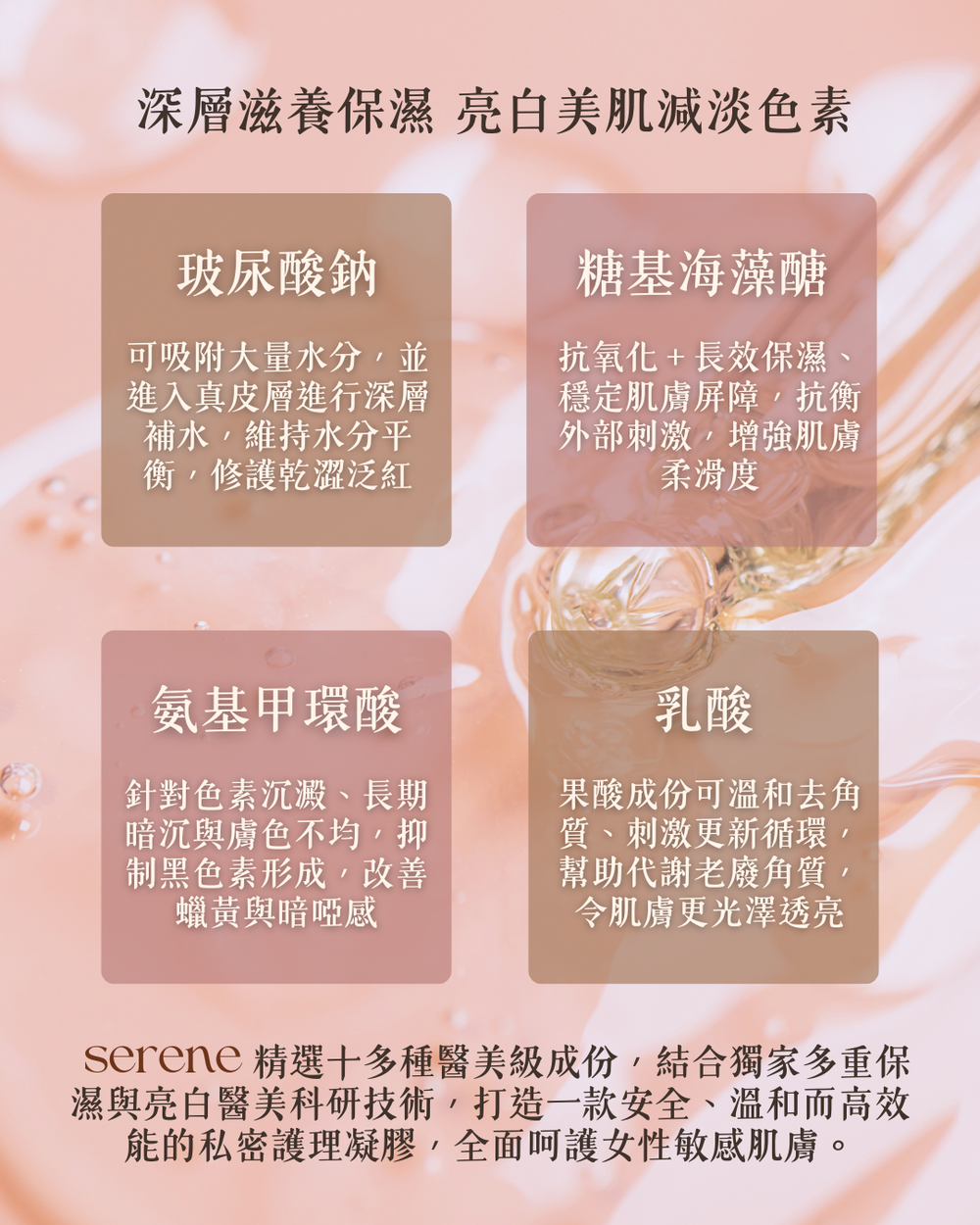 玻尿酸鈉糖基海藻醣氨基甲環酸乳酸四種醫美級保濕美白成分說明