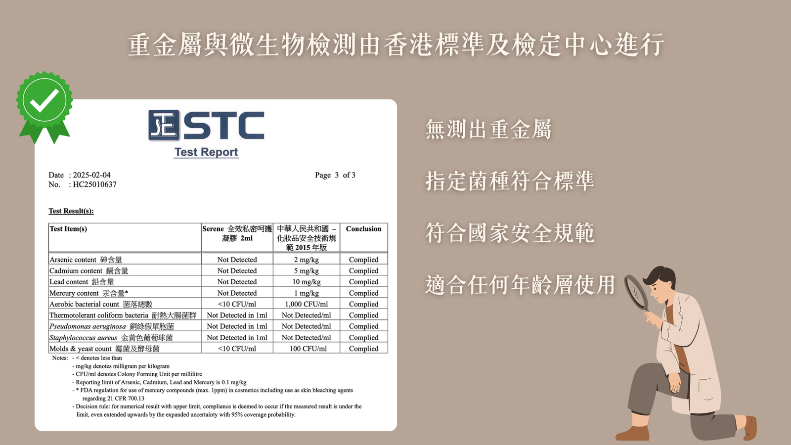SERENE私密凝膠通過香港STC重金屬及微生物檢測報告與安全認證