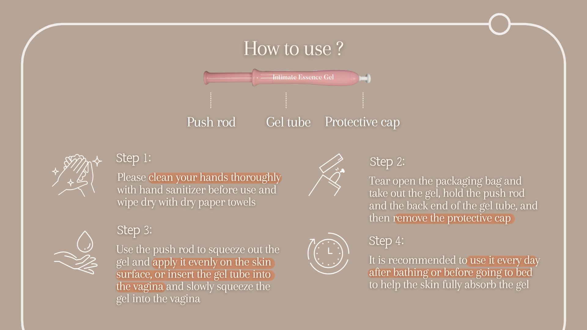 Instructions on how to use a gel product with illustrations and text.
