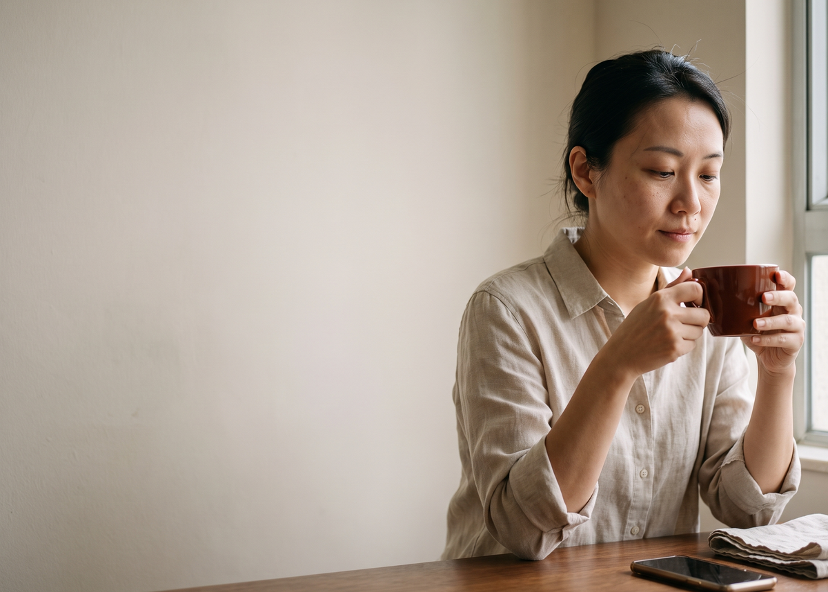 A woman in a light beige linen shirt sits at a wooden table by a window, holding a dark brown ceramic mug. A smartphone and a folded newspaper rest on the table next to her.