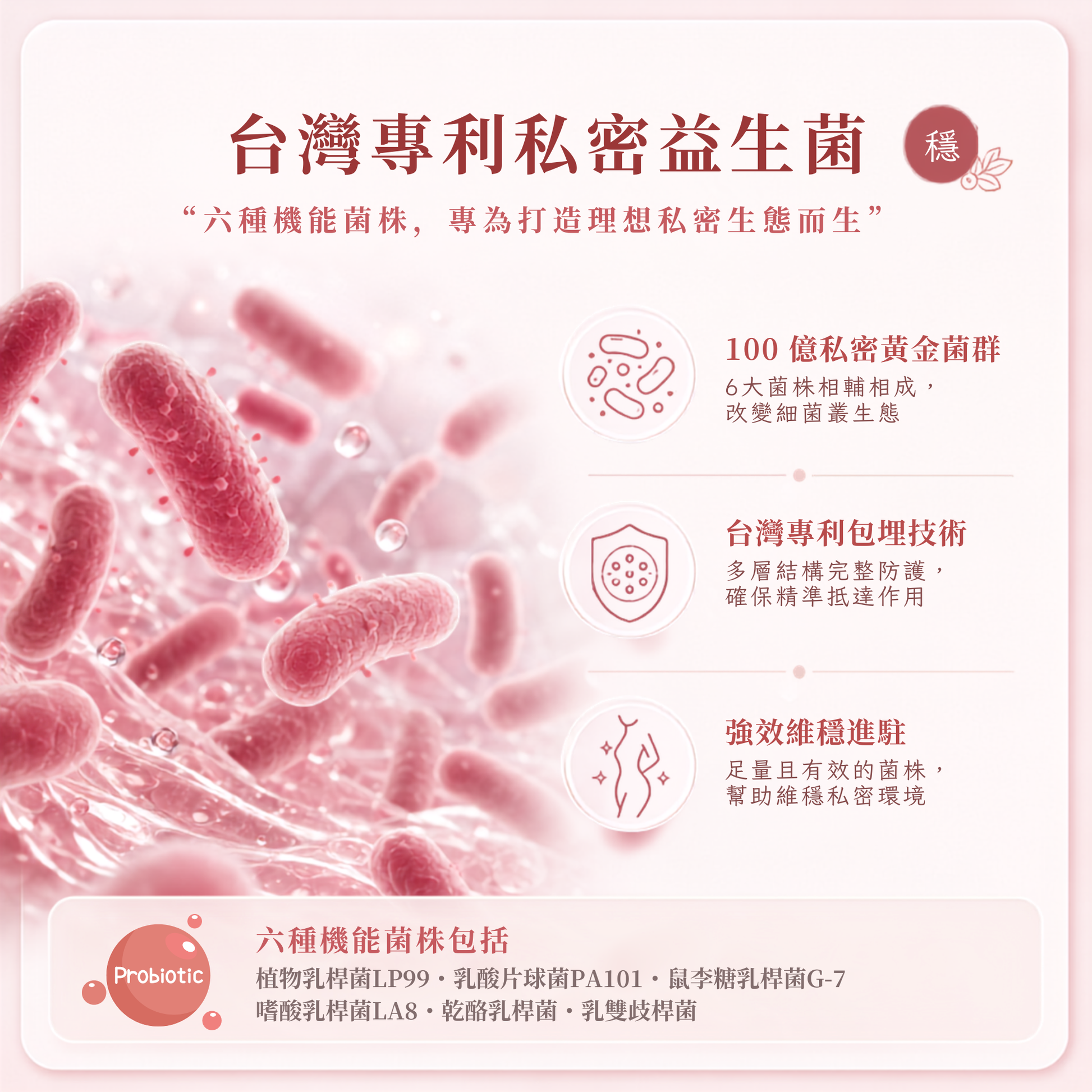A pink promotional graphic for a probiotic product with Chinese text, bacterial illustrations, and feature callouts about 100 trillion private bacteria and patented sealing technology.