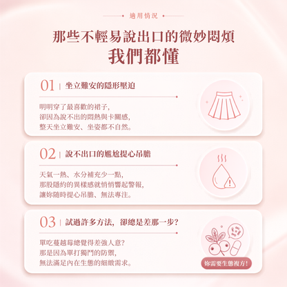 A pink and white instructional graphic with three numbered sections in Chinese, each describing a common minor inconvenience faced by women, accompanied by small line drawings of a skirt, a teardrop, and a plant with flowers.